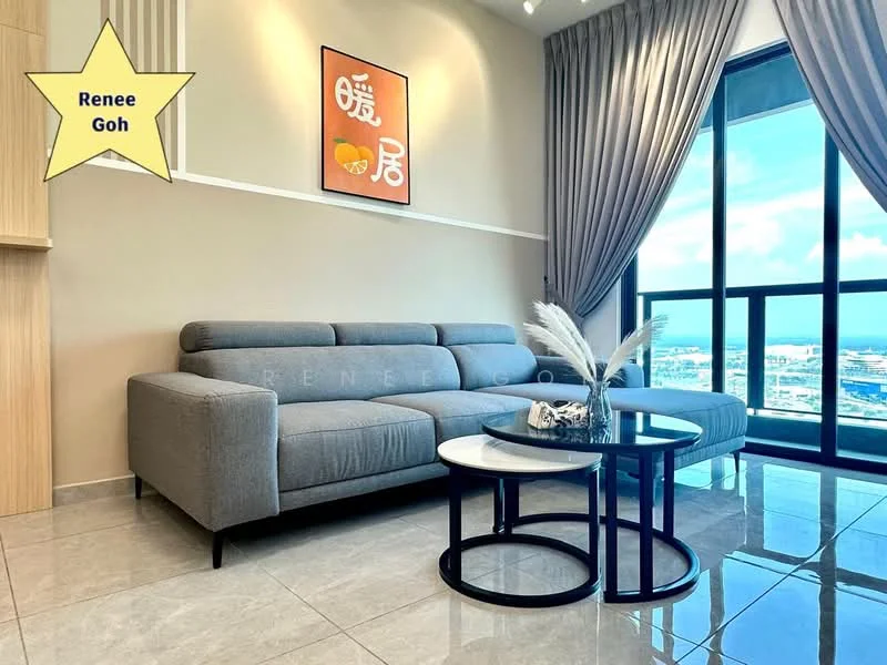 Living features: grey fabric sectional sofa, round coffee table with black frame, white marble tabletop, large floor-to-ceiling windows, curtains in light grey, decorative wall art with orange and white design, polished ceramic tile flooring, wall-mounted shelving unit, neutral painted walls, decorative plant arrangement; style: modern; view: city.