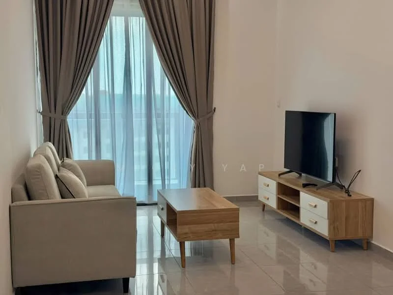 Living features: 3-seater fabric sofa in light grey, wooden coffee table, TV console with drawers, wall-mounted flat-screen TV, floor-to-ceiling windows, sheer curtains, grey tiled flooring, white painted walls; style: modern; view: city.
