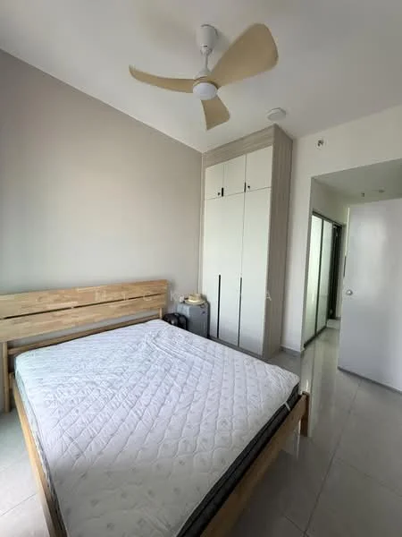 Bedroom features: queen-size bed, wooden bed frame, ceiling fan with light, built-in wardrobe with sliding doors, light grey painted walls, tile flooring, window with natural light, nightstand, door leading to hallway; style: modern.
