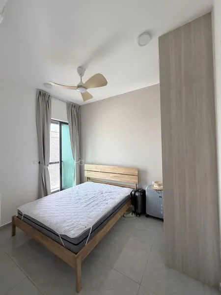 Bedroom features: queen-size bed, wooden bed frame, light grey walls, cream curtains, floor-to-ceiling window, sliding glass door, ceiling fan, tile flooring, built-in wardrobe, nightstand, suitcase, decorative items on nightstand; style: modern.