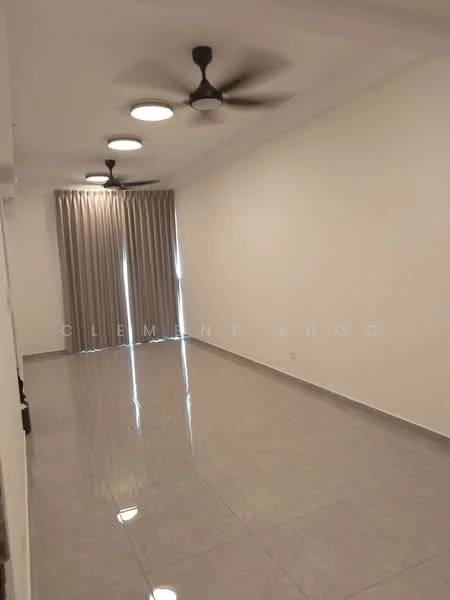 Living features: white painted walls, glossy grey tile flooring, 5-blade ceiling fan with light, 5-blade ceiling fan with light, floor-to-ceiling windows, sheer curtains, recessed downlights; style: modern.