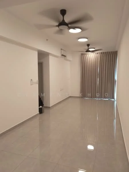 Living features: grey polished tile flooring, white painted walls, 5-blade ceiling fan with light, recessed downlights, floor-to-ceiling windows with sheer curtains, sliding glass door, curtains, air conditioning unit; style: modern.