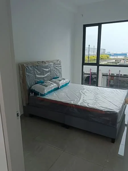 Bedroom features: queen-size bed with protective covering, upholstered headboard, two decorative pillows, floor-to-ceiling windows, city view, light-colored walls, tile flooring, natural light from windows; style: modern; view: city.