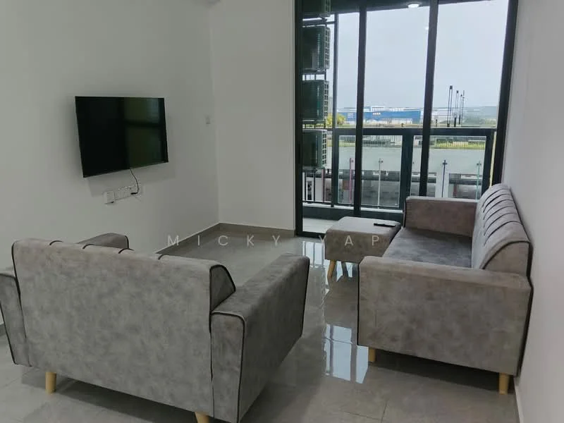 Living features: 2-seater fabric sofa in grey, 3-seater fabric sofa in grey, flat-screen wall-mounted TV, large floor-to-ceiling windows, white painted walls, glossy tile flooring, coffee table, balcony access, city view; style: modern; view: city.