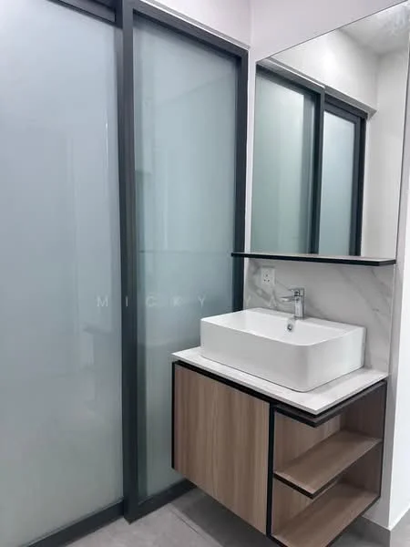 Bathroom features: white rectangular vessel sink, chrome basin mixer faucet, floating wooden vanity with storage, marble countertop, glass shower enclosure, grey tiled flooring, backlit mirror, frosted glass panels; style: modern.