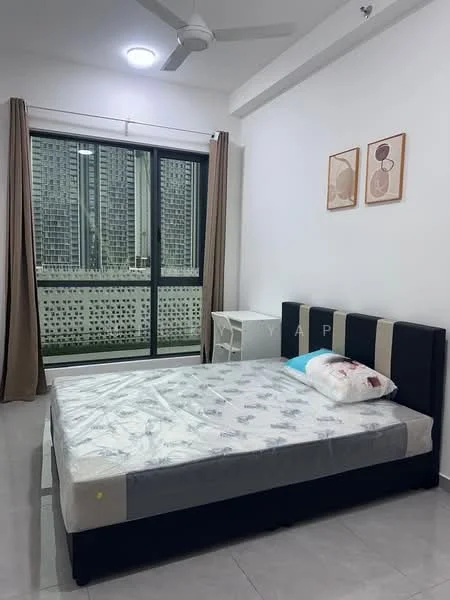 Bedroom features: queen-size bed, upholstered headboard, bedside lamp, floor-to-ceiling window, curtains, light-colored walls, ceiling fan, tile flooring, decorative artwork on walls, study desk; style: modern; view: city.