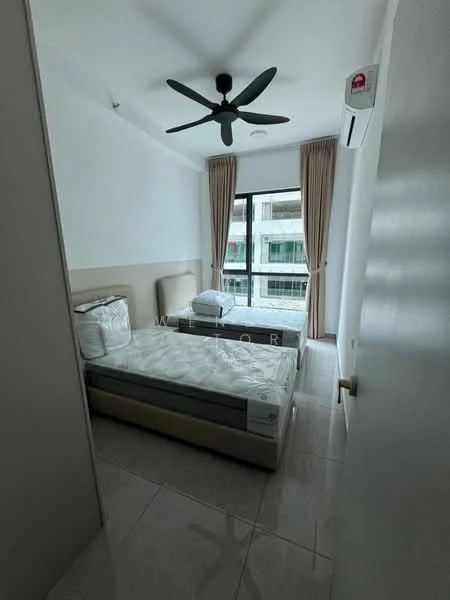 Bedroom features: two single beds with mattresses, upholstered headboards, 5-blade ceiling fan, wall-mounted split AC, large window with sheer curtains, grey accent wall, white painted walls, glossy tile flooring; style: modern.