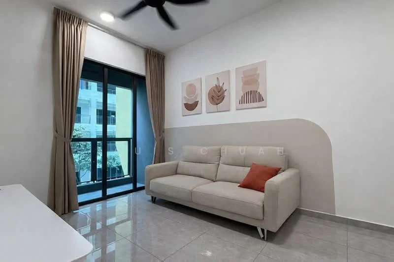 Living features: 3-seater fabric sofa in beige, orange decorative cushion, white walls with accent wall, grey tiled flooring, floor-to-ceiling windows, sheer curtains, wall-mounted artwork with abstract designs, ceiling fan with light; style: modern; view: garden.