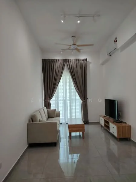 Living features: cream fabric 3-seater sofa, wooden coffee table, wall-mounted TV, TV console with storage, grey curtains, floor-to-ceiling windows, recessed downlights, ceiling fan, glossy tile flooring, white painted walls, air conditioning unit; style: modern.