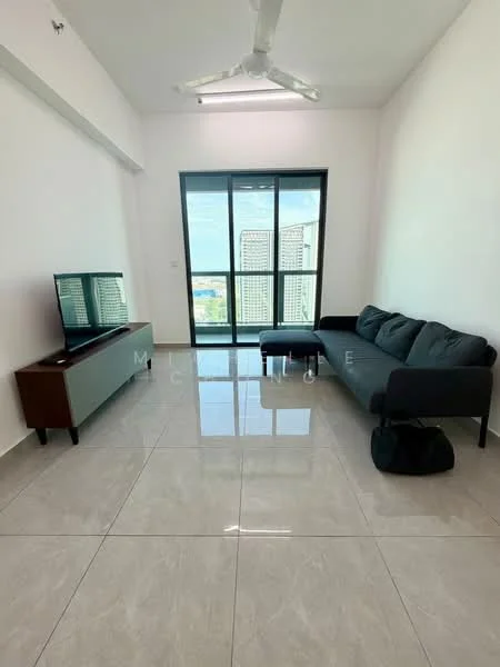 Living features: grey fabric sofa, TV console, wall-mounted TV, floor-to-ceiling windows, sliding glass door, white painted walls, polished ceramic tile flooring, ceiling fan; style: modern; view: city.