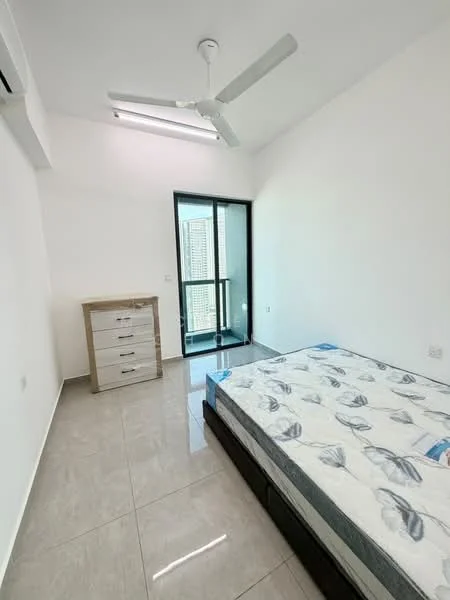Bedroom features: queen-size bed, upholstered headboard, 2-drawer bedside table, floor-to-ceiling windows, sliding glass door, grey tiled flooring, white painted walls, ceiling fan with light, built-in wardrobe; style: modern; view: city.