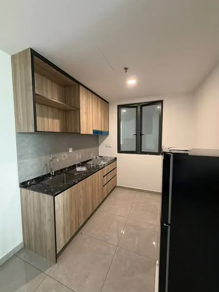 Kitchen features: laminate cabinetry in wood finish, black granite countertop, grey tiled backsplash, stainless-steel sink, single-bowl stainless-steel sink, chrome pull-down faucet, built-in upper shelves, two windows with black frames, grey ceramic tile flooring, recessed ceiling lights, black refrigerator; style: modern.