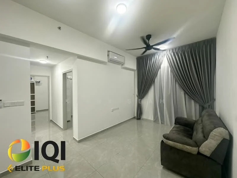 Living features: grey fabric sofa, 5-blade ceiling fan with light, white painted walls, tile flooring, recessed ceiling lights, floor-to-ceiling curtains, air conditioning unit on wall, neutral color decor; style: modern.