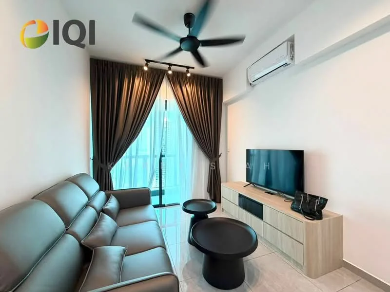 Living features: 3-seater leather sofa in grey, 2 round coffee tables in black, wall-mounted TV, TV console in light wood, floor-to-ceiling windows, sheer curtains, blackout curtains, 1 wall-mounted split AC, recessed downlights, 5-blade ceiling fan; style: modern; view: city.