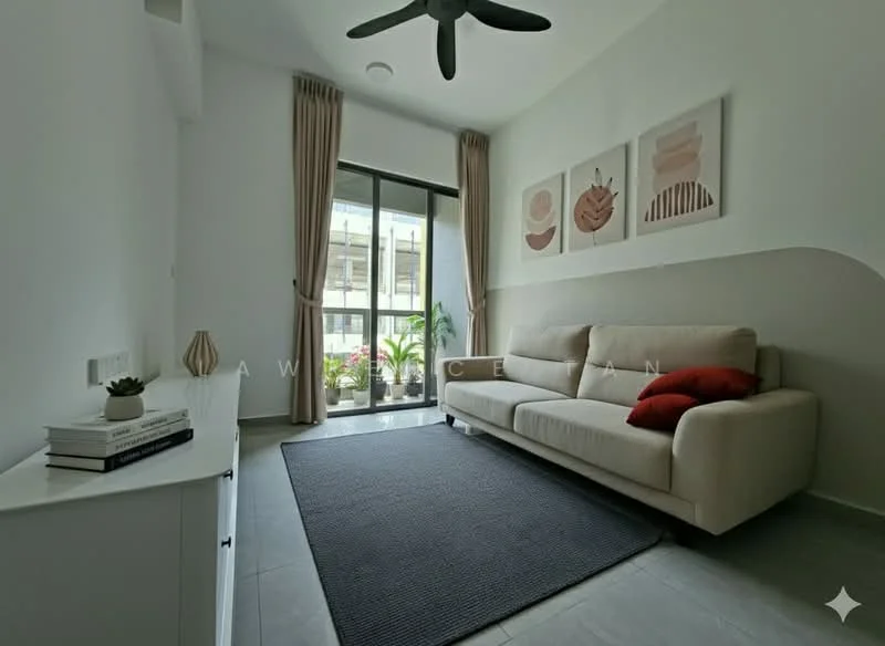 Living features: light grey fabric sofa, red accent pillow, area rug in dark grey, white console table, decorative houseplant, framed artwork on walls, floor-to-ceiling windows, sheer curtains, ceiling fan with light, grey tiled flooring; style: modern; view: garden.