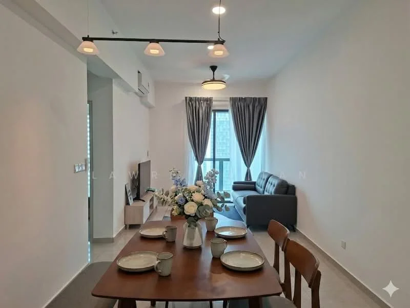 Dining features: wooden dining table, 4 dining chairs, white ceramic plates, glass vase with flowers, pendant lighting, grey curtains, floor-to-ceiling windows, marble flooring, wall-mounted TV, sofa in grey fabric, air conditioning unit; style: modern. Living features: grey fabric sofa, wall-mounted TV, floor-to-ceiling windows, grey curtains; style: modern.