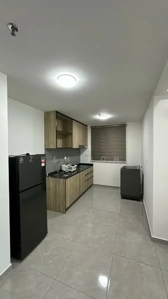 Kitchen features: black refrigerator, wood cabinetry, black countertop, grey backsplash, stainless-steel sink, chrome faucet, built-in oven, ceramic tile flooring, recessed ceiling lights, window with roller blinds, grey wall, open layout; style: modern.