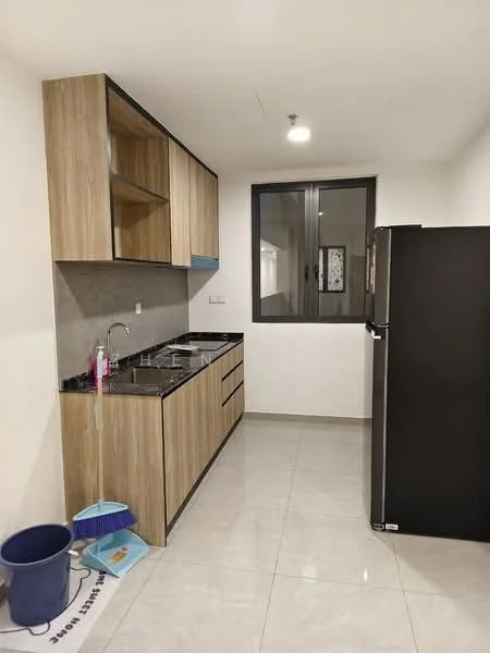 Kitchen features: laminate cabinetry in wood finish, black granite countertop, stainless-steel sink, chrome pull-down faucet, 4-burner gas hob, built-in oven, black refrigerator, grey tiled backsplash, white walls, white ceiling, floor-to-ceiling window, tile flooring; style: modern.