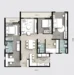 Floor plan: 3-bedroom 2-bathroom unit; features: open-plan kitchen-dining-living, master bedroom with ensuite bathroom, bedroom 2 with shared bathroom, utility room, balcony off living room, central foyer, 2 car porch, 1,250 sqft built-up.