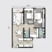 Floor plan: 2-bedroom 1-bathroom unit; features: open-plan kitchen-dining-living, master bedroom with ensuite bathroom, all bedrooms with windows, balcony off living room, utility room, laundry area, central foyer.