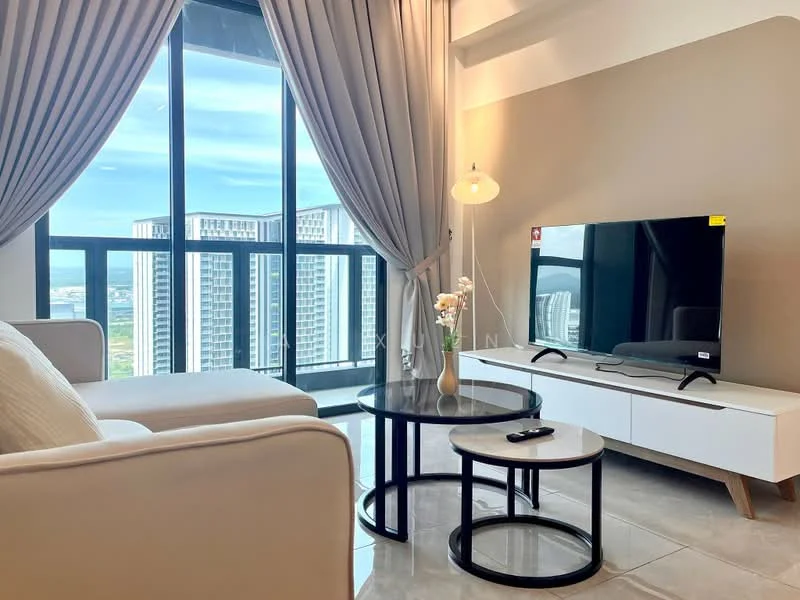 Living features: floor-to-ceiling windows, grey curtains, light beige walls, white sofa, round coffee table with black frame, white TV console, wall-mounted TV, decorative vase with flowers, polished tile flooring, recessed lighting, pendant light, city skyline view; style: modern; view: city.
