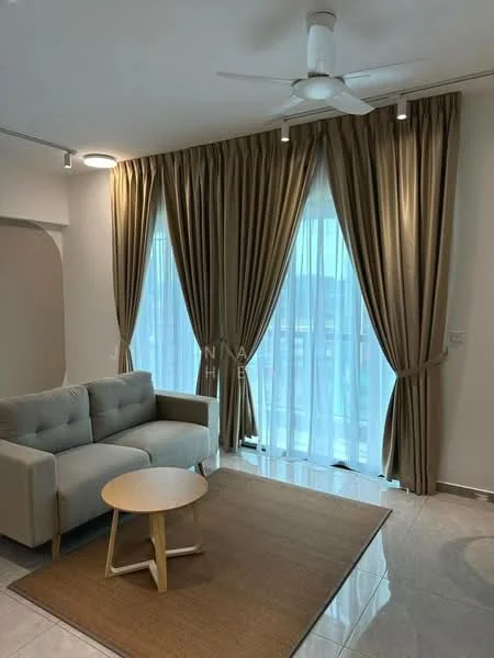 Living features: 3-seater fabric sofa in light grey, round wooden coffee table, area rug in neutral color, floor-to-ceiling windows, sheer curtains, heavy drapes in beige, recessed downlights, ceiling fan with light; style: modern; view: city.