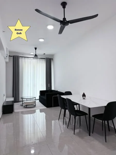 Living features: white painted walls, polished ceramic tile flooring, 5-blade ceiling fan with light, recessed LED downlights, floor-to-ceiling windows, sheer curtains, black fabric sofa, round coffee table, 4 black dining chairs, marble dining table, air conditioning unit; style: modern.
