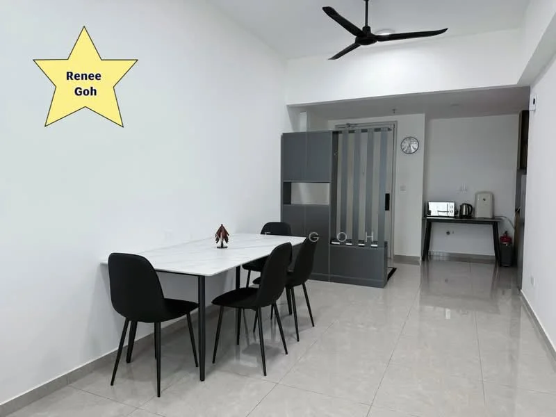 Dining features: white marble dining table, 4 black dining chairs, grey accent wall, light grey tile flooring, ceiling fan, wall clock, kitchenette area with appliances, open layout; style: modern. Room features: light grey tile flooring, white painted walls, ceiling fan.