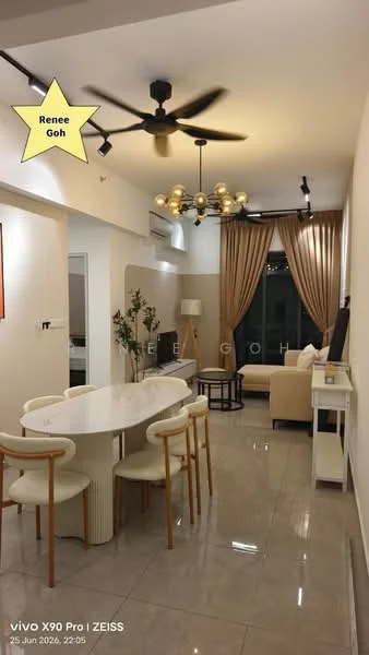 Living features: 5-blade ceiling fan with light, recessed LED downlights, cream painted walls, grey tiled flooring, floor-to-ceiling windows, curtains in beige, light-colored sofa, round dining table, upholstered dining chairs, decorative plant, TV console, wall-mounted TV, area rug; style: modern; view: city.