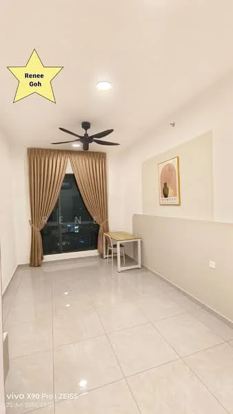 Room features: light grey painted walls, white ceiling, grey floor tiles, 5-blade ceiling fan with light, curtains in beige, small dining table, framed artwork on wall, floor-to-ceiling window, view of city skyline; style: modern; view: city.