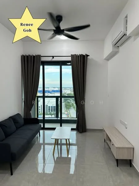 Living features: 3-seater fabric sofa in dark blue, coffee table, TV console, floor-to-ceiling windows, sliding glass door, grey curtains, recessed downlights, ceiling fan, polished tile flooring, white walls, air conditioning unit; style: modern; view: city.