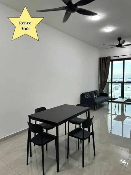Living features: grey sofa, black dining table, 4 black dining chairs, floor-to-ceiling windows, curtains, recessed ceiling lights, 2 ceiling fans, white painted walls, glossy tile flooring, city view; style: modern; view: city.