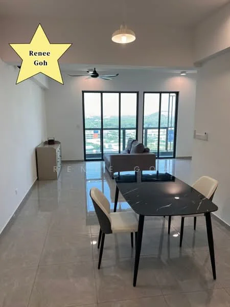 Living features: grey tiled flooring, white painted walls, 5-blade ceiling fan with light, floor-to-ceiling windows, sliding glass door, black dining table with four legs, two white dining chairs, sofa in grey fabric, decorative wall art, TV console, natural light from windows; style: modern; view: city.
