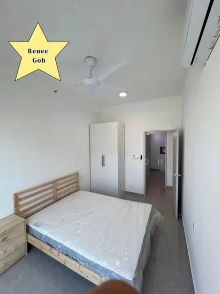 Bedroom features: queen-size bed with mattress protector, wooden bed frame, light grey tiled flooring, white painted walls, ceiling fan, built-in wardrobe with sliding doors, recessed downlights, window with natural light, doorway leading to another room; style: modern.
