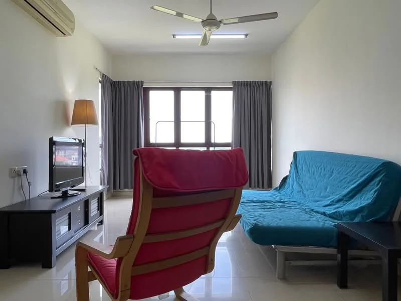 Living features: 3-blade ceiling fan, floor-to-ceiling windows, grey curtains, light-colored walls, polished tile flooring, red armchair, blue sofa bed, black TV console, flat-screen TV, table lamp; style: modern; view: city.