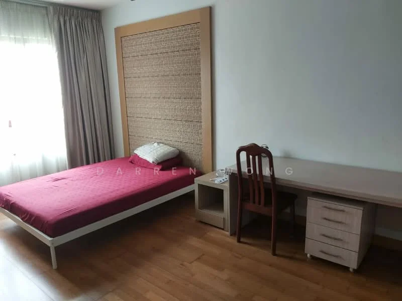 Bedroom features: single bed with red bedspread, wooden headboard, wooden flooring, large window with sheer curtains, study desk, wooden chair, decorative wall panel, built-in wardrobe; style: modern.