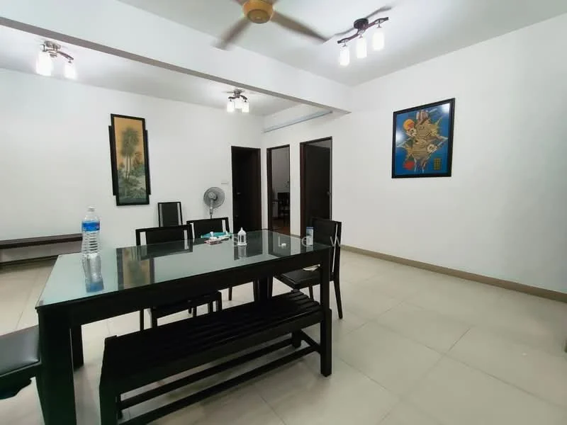 Dining features: glass dining table, black wooden dining chairs, black wooden bench, ceiling fan with light, recessed ceiling lights, white painted walls, tile flooring, framed artwork on wall, wall-mounted fan; style: modern. Room features: doorways leading to other rooms.