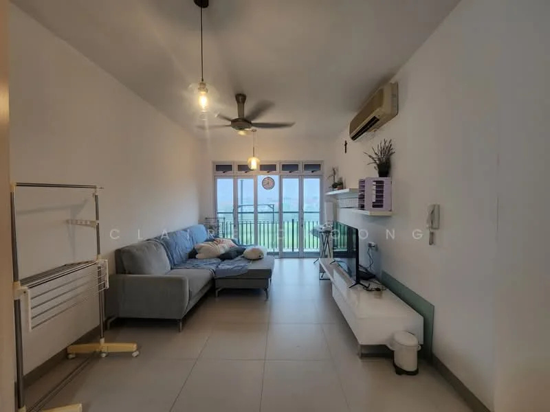 Living features: 3-seater fabric sofa in grey, ceiling fan with light, wall-mounted TV, TV console, sliding glass door, floor-to-ceiling windows, light-colored walls, tile flooring, decorative wall clock, open shelving unit, balcony view; style: modern; view: city.