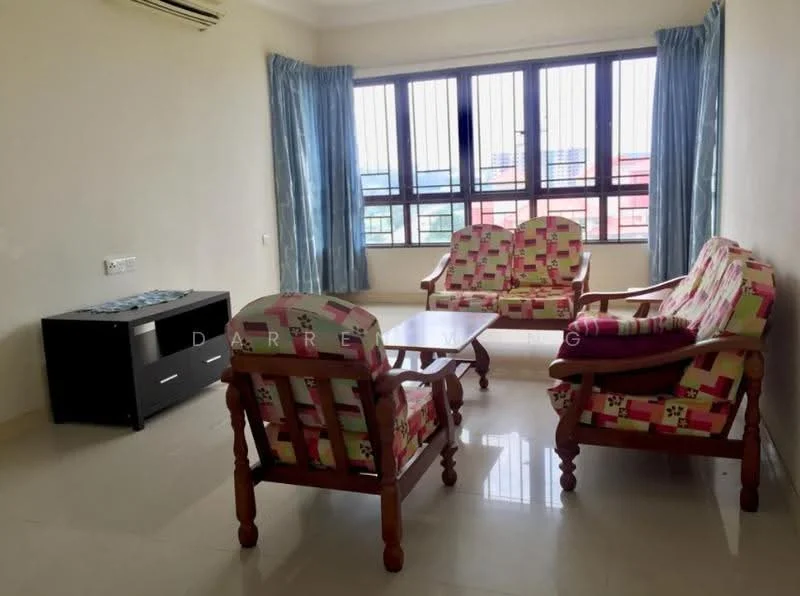 Living features: two 3-seater sofas with colorful upholstery, wooden coffee table, TV console in black, floor-to-ceiling windows, curtains in light blue, cream painted walls, glossy tile flooring, air conditioning unit on wall; style: modern; view: city.