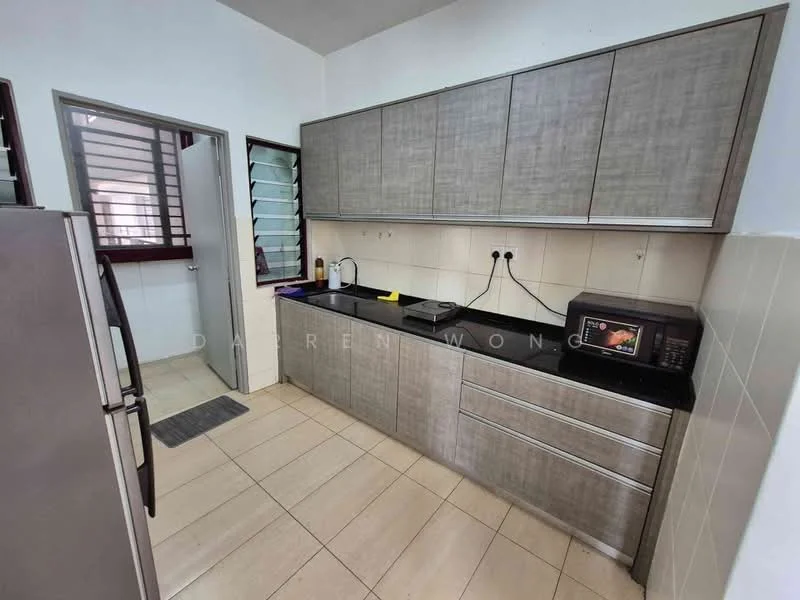 Kitchen features: grey flat-panel cabinetry, black granite countertop, stainless-steel fridge, built-in microwave, ceramic tile flooring, white tiled backsplash, double-basin sink, chrome pull-down faucet, wall-mounted electrical outlets, window with security bars, door leading to hallway; style: modern.