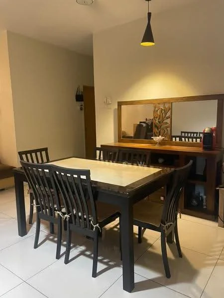 Dining features: rectangular dining table with marble top, 6 wooden dining chairs, dark wood sideboard, decorative wall mirror, pendant light fixture, white tiled flooring, neutral painted walls, coffee machine on sideboard; style: modern.
