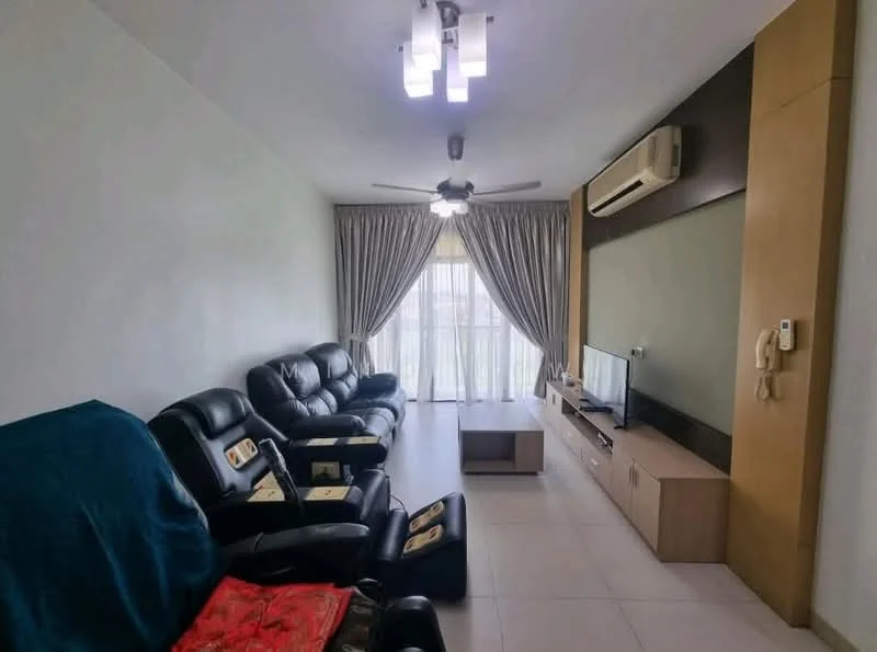 Living features: black leather reclining sofas, coffee table, wall-mounted TV, TV console, floor-to-ceiling windows, sheer curtains, ceiling fan with light, wall-mounted air conditioning unit, light-colored walls, tile flooring, decorative wall panel, telephone intercom; style: modern.