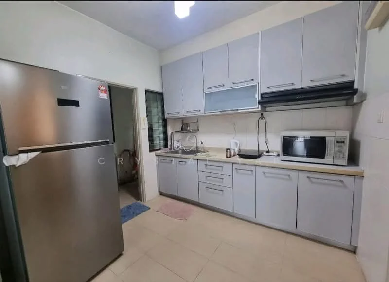 Kitchen features: stainless-steel fridge, built-in oven, microwave, grey cabinetry, black countertop, ceramic tile flooring, white tiled backsplash, single-bowl stainless-steel sink, chrome pull-down faucet, kitchen island, under-cabinet lighting, wall-mounted range hood; style: modern.