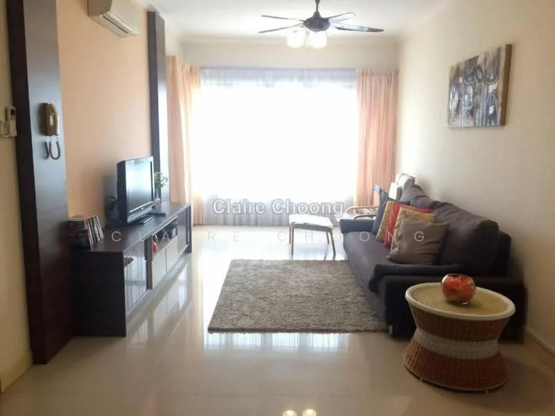 Living features: 3-seater fabric sofa in grey, coffee table, TV console, wall-mounted TV, area rug, floor-to-ceiling windows, sheer curtains, ceiling fan with light, decorative artwork on wall, light-colored walls, glossy tile flooring; style: modern.