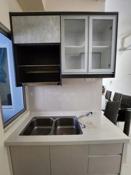Kitchen features: double-bowl stainless-steel sink, chrome pull-down faucet, light grey countertop, black cabinetry with glass-front upper cabinets, open shelving, tile backsplash, kitchen cabinet with a built-in dish rack, window above sink; style: modern.