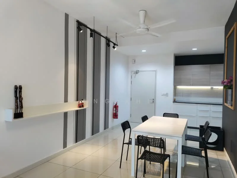 Dining features: white walls, grey accent wall, striped wall design, ceramic tile flooring, 5-blade ceiling fan with light, recessed LED downlights, dining table with 6 black chairs, open shelving, fire extinguisher, built-in cabinetry, kitchenette area; style: modern.