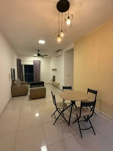 Living features: white painted walls, cream accent wall, polished ceramic tile flooring, 5-blade ceiling fan with light, 3 pendant lights, sofa in beige fabric, coffee table, TV console, floor-to-ceiling windows with sheer curtains, dining table with 4 black folding chairs; style: modern; view: city.
