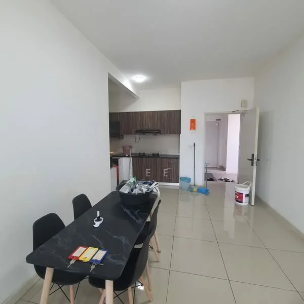 Dining features: black marble dining table, 4 black chairs, white walls, tile flooring, kitchen area visible, wood cabinetry, kitchen appliances visible, doorway leading to another room; style: modern. Kitchen features: wood cabinetry, black countertop, stainless-steel sink, built-in stove, kitchen appliances visible; style: modern.