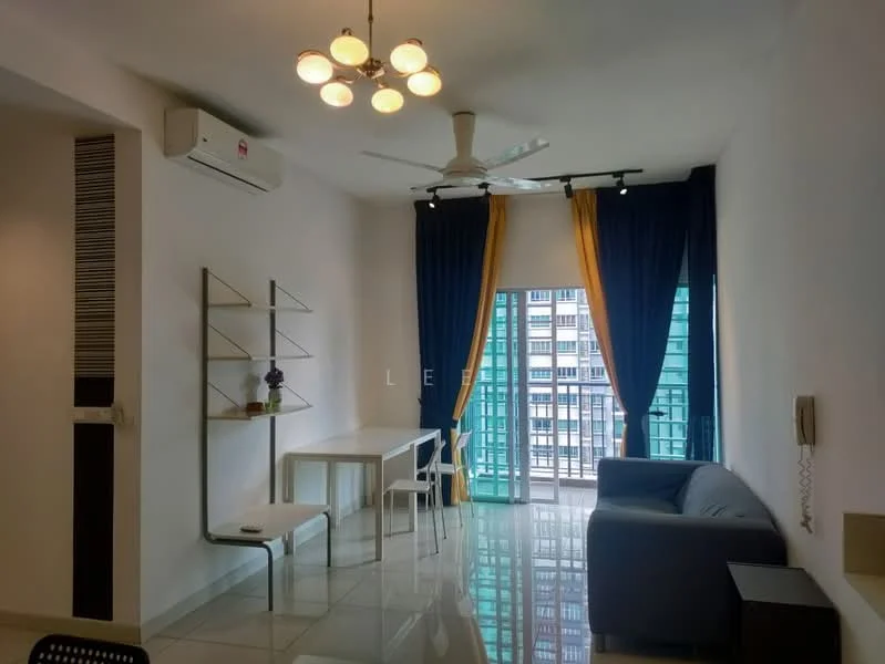 Living features: grey fabric sofa, white dining table, white dining chairs, 5-blade ceiling fan with light, wall-mounted air conditioning unit, floor-to-ceiling windows, blue curtains, white walls, glossy tile flooring, decorative shelving unit; style: modern; view: city.