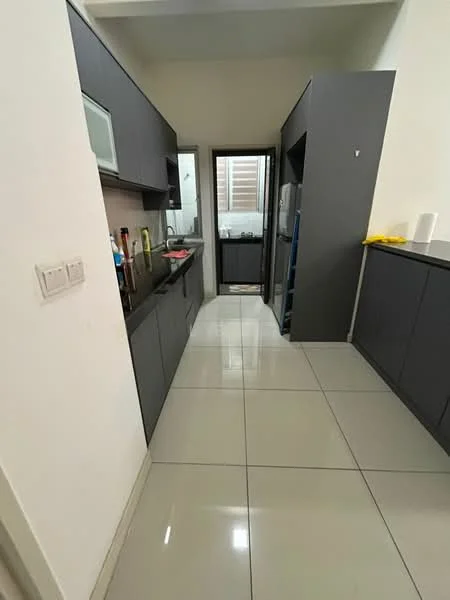 Kitchen features: grey cabinetry, stainless-steel sink, chrome pull-down faucet, black countertop, built-in oven, freestanding fridge, ceramic tile flooring, white walls, recessed downlights, open shelving, kitchen island, window with blinds; style: modern.